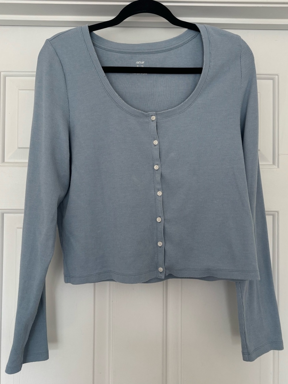 Aerie Long Sleeve Ribbed Henley Top XL Light Blue Soft Stretch Button Front